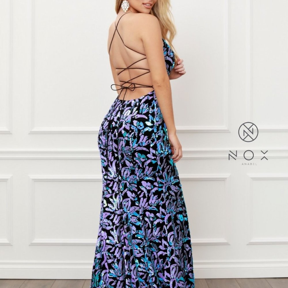 NWT BLUE MULTI  Illusion V-Neck Sheath Shape Prom Dress NXR427 - Picture 3 of 10